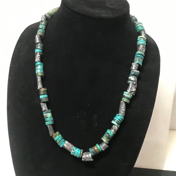 Genuine Turquoise Sterling Silver Necklace Heishi Beads Antique Sustainable 925 - Picture 6 of 8